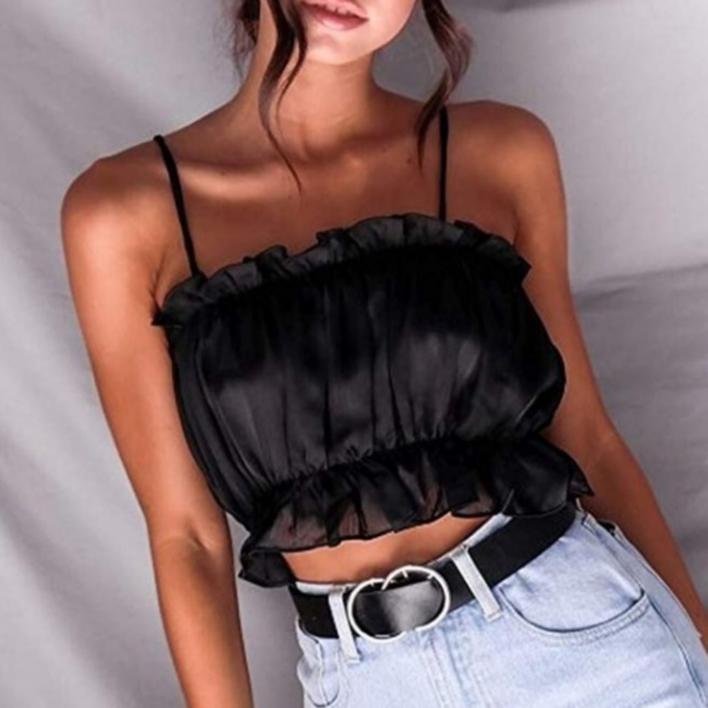 Puffy Black Satin Ruffle Boho Crop Top Tank - Picture 2 of 5